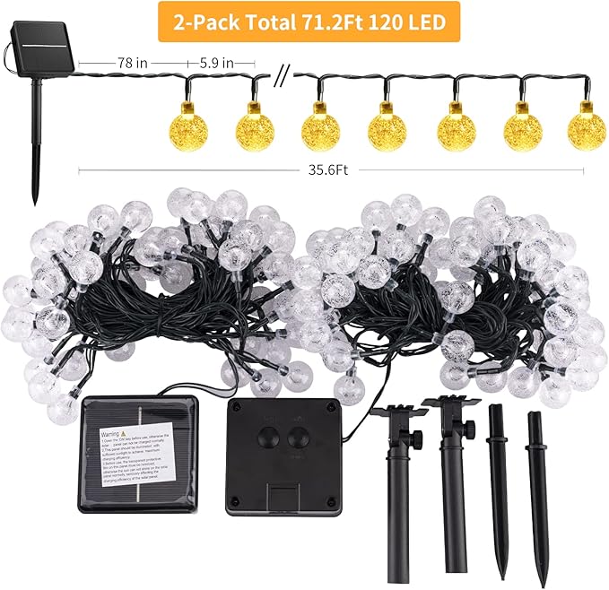 Solar String Lights Outdoor Waterproof, 2 Pack 60 LED 36.5 FT Each, Crystal Globe Lights with 8 Lighting Modes, Solar Powered Patio Lights for Garden Yard Porch Wedding Party Decor (Warm White)-VerdiqueGarden
