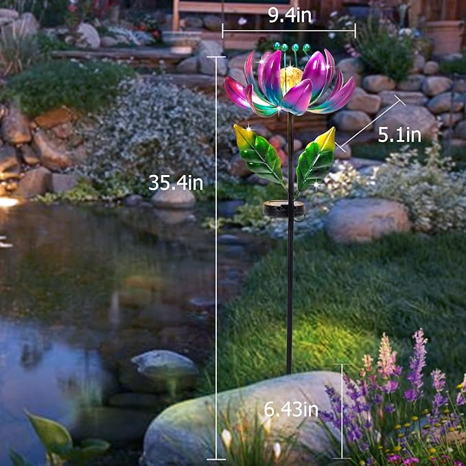Huaxu Solar Outdoor Lights 35.4In Garden Decor Flower Wind Spinners,Waterproof LED Crackle Glass Globe Purple Lotus Art Metal Stake for Lawn Patio Pathway Yard Porch Driveway Decorations Gift-VerdiqueGarden