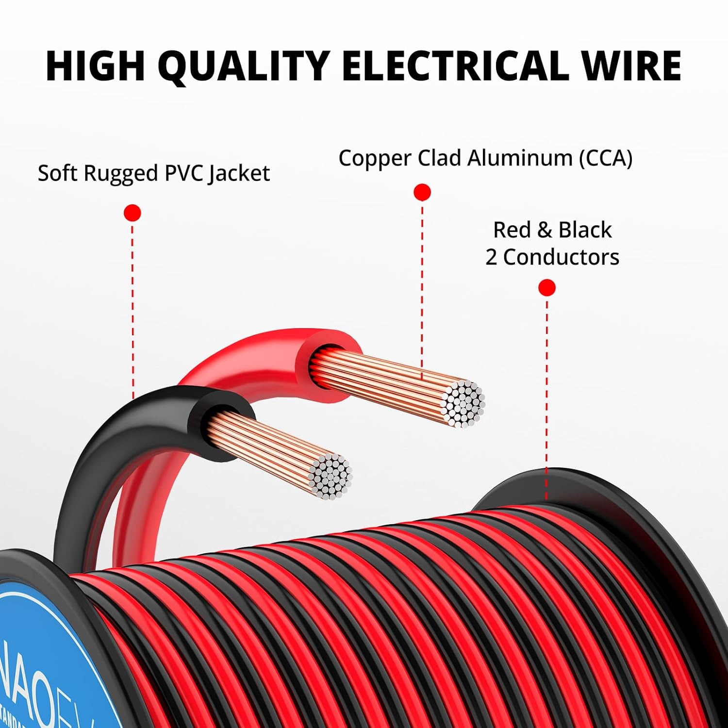 NAOEVO 18 Gauge Wire 150FT, 2 Conductors Electrical Wire Red Black Cable, Flexible/Low Voltage/PVC 18 AWG Copper Clad Aluminum Extension Cord for Speaker, LED Strips, Automotive 12V/24V DC-VerdiqueGarden