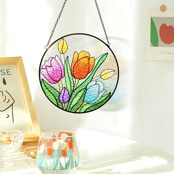 Tuitessine Tulip Suncatcher Stained Glass Window Hanging Panels, 6.3''x6.3'' Round Handmade Hanging Ornament with Chain, Garden Patio Wall Decor Flower Gift for Mom Teachers Friends-VerdiqueGarden