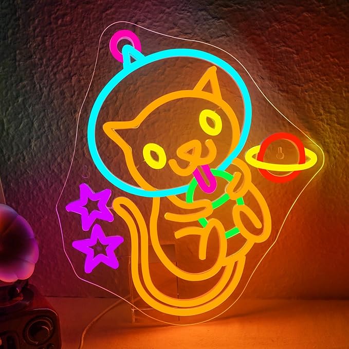 Astronaut Boba Tea Cat Neon Sign Cat Neon Lights for Wall Decor Cute Kitty with Stars Asteroids Anime Led Light Sign for Kids Bedroom Dimsum Store Cofes Bar Milk Tea Shop-VerdiqueGarden