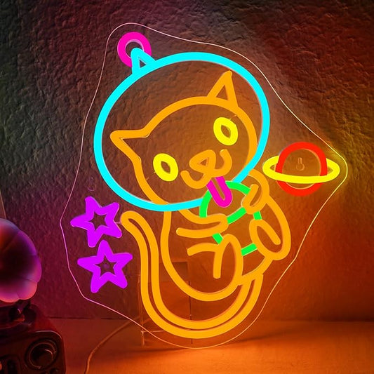 Astronaut Boba Tea Cat Neon Sign Cat Neon Lights for Wall Decor Cute Kitty with Stars Asteroids Anime Led Light Sign for Kids Bedroom Dimsum Store Cofes Bar Milk Tea Shop-VerdiqueGarden