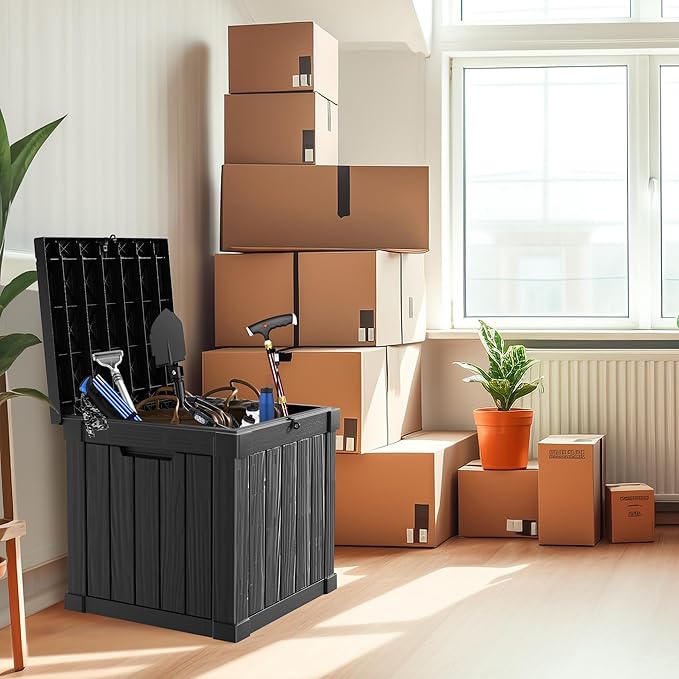 50 Gallon Resin Deck Box, Lockable Outdoor Storage Box for Patio Cushions Storage Furniture,Garden Tools, Pool Supplies, Weatherproof and UV Resistant（Black）-VerdiqueGarden