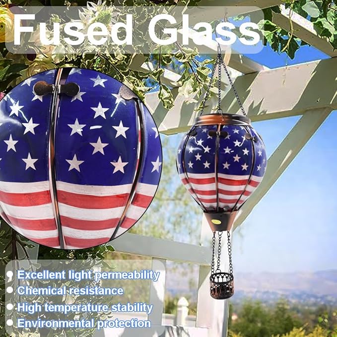 Hot Air Balloon Solar Lantern with Flickering Flame, Glass Hanging Garden Lights Outdoor Waterproof for Tree Yard Patio Mother's Day Gift, 18" H Flag-VerdiqueGarden