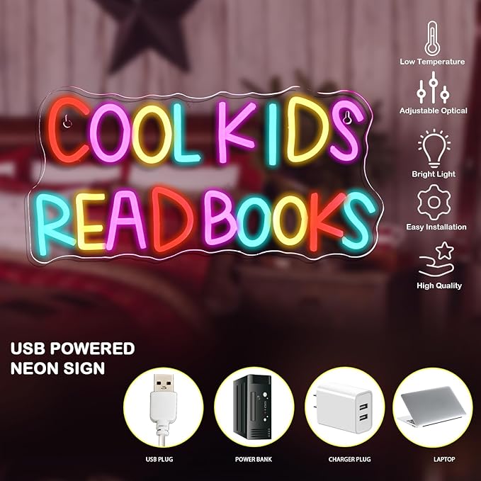 Cool Kids Read Books Neon Sign Reading Corner for Kids Neon Signs for Wall Decor LED Light Library Classroom Book Club Christmas Gift for Kids & Teens(5V2A)-VerdiqueGarden