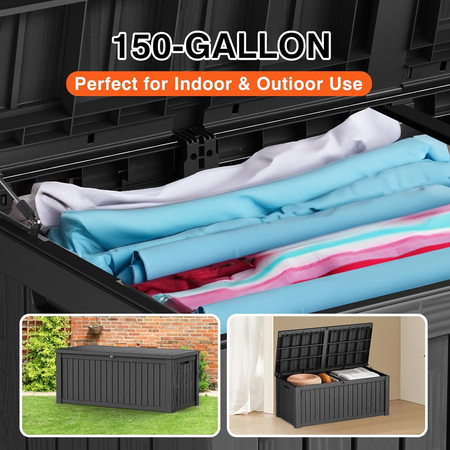150 Gallon Double-Wall Resin Deck Box - Lockable Waterproof Outdoor Storage Box, 1000lbs Capacity & Doubles as Seating for Patio Furniture - Garden Tools, Pool Accessories (Black)-VerdiqueGarden