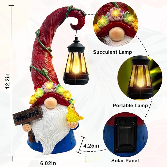 Gnome Garden Decor Statue Solar Lights Outdoor Decor with Succulent and 6 LED Lights,for Balcony,Garden,Patio,Yard,Lawn,Housewarming Birthday Gifts for Women/Mom/Grandma-VerdiqueGarden