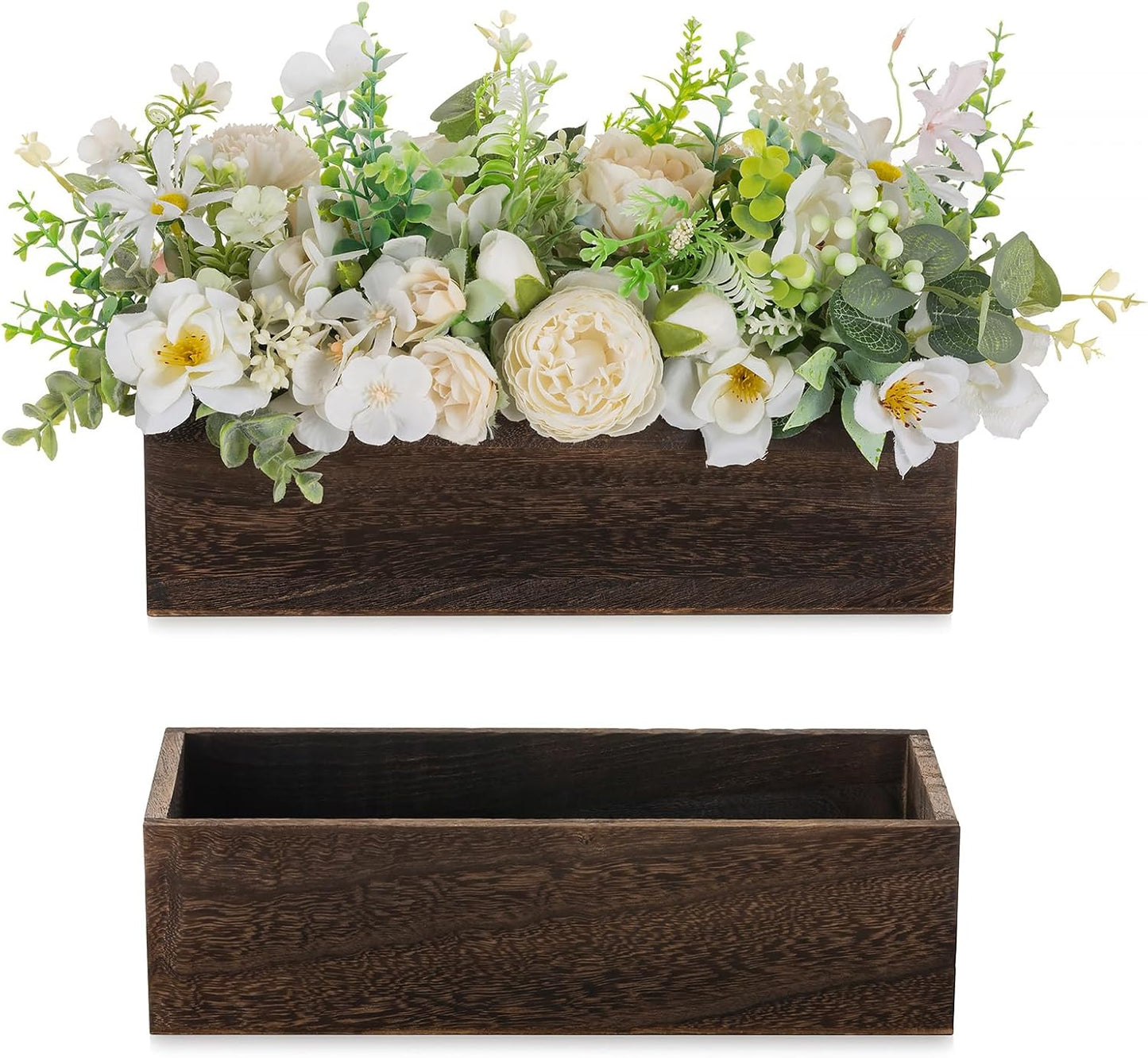 NUPTIO Wooden Box Centerpiece for Table: 2 Pcs 11.8" Long Wood Rectangle Planters - Farmhouse Flower Vase for Fall Wedding Dining Living Room Window Mantel Table Decor-VerdiqueGarden