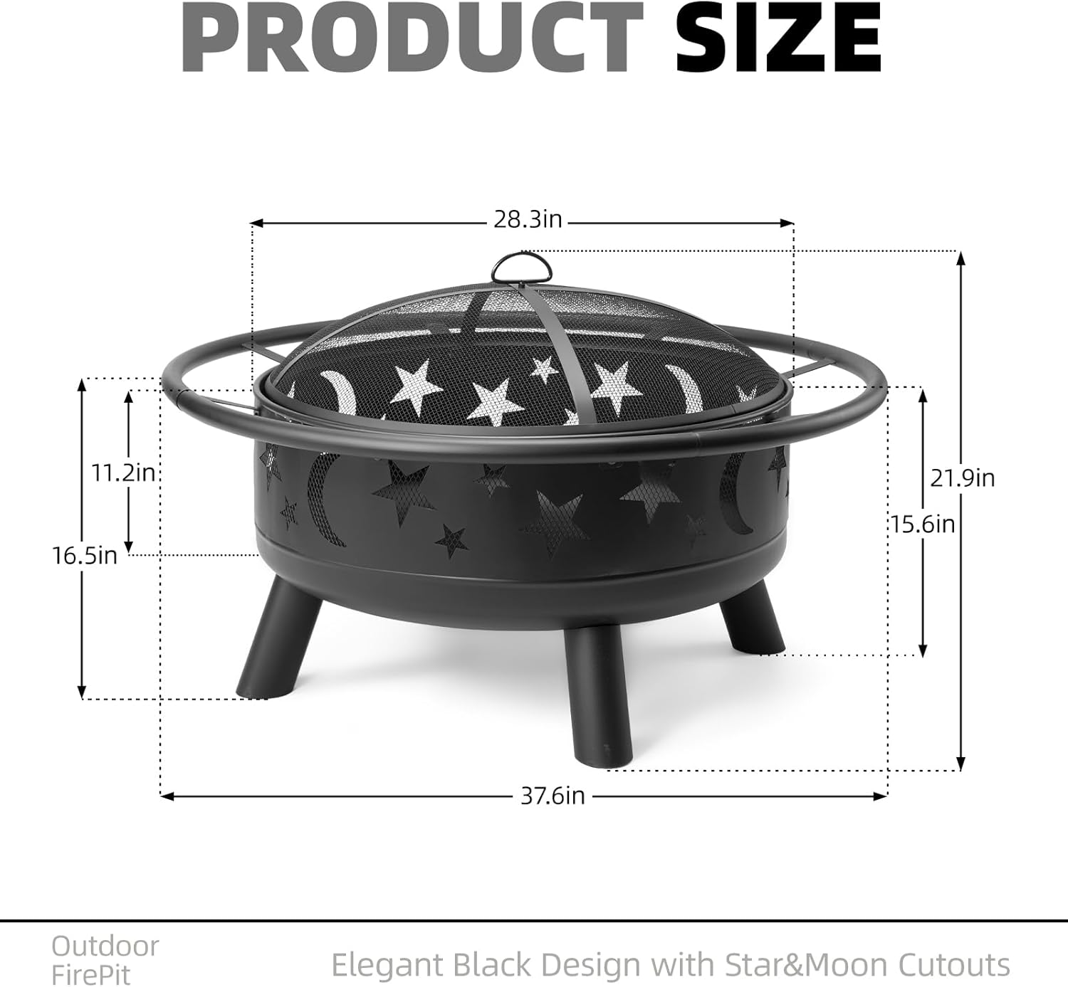 Grovelli 38" Round Wood Burning Fire Pit with Mesh Cover, Fire Poker, Star & Moon Cutouts, Metal Outdoor Firepit for Patio, Backyard, Garden, Bonfire, Camping, Christmas, Thanksgiving, Halloween-VerdiqueGarden