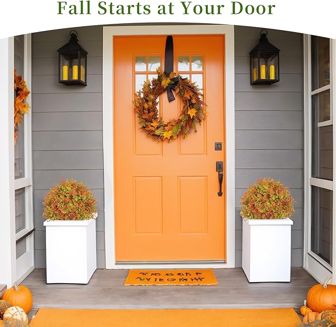 24" Fall Plants Artificial Boxwood Topiary Trees, UV Resistant Faux Bushes with Ground Spike, Fake Shrubs for Outdoor Planters, Front Porch, Patio, Yard Decor Set of 2-VerdiqueGarden