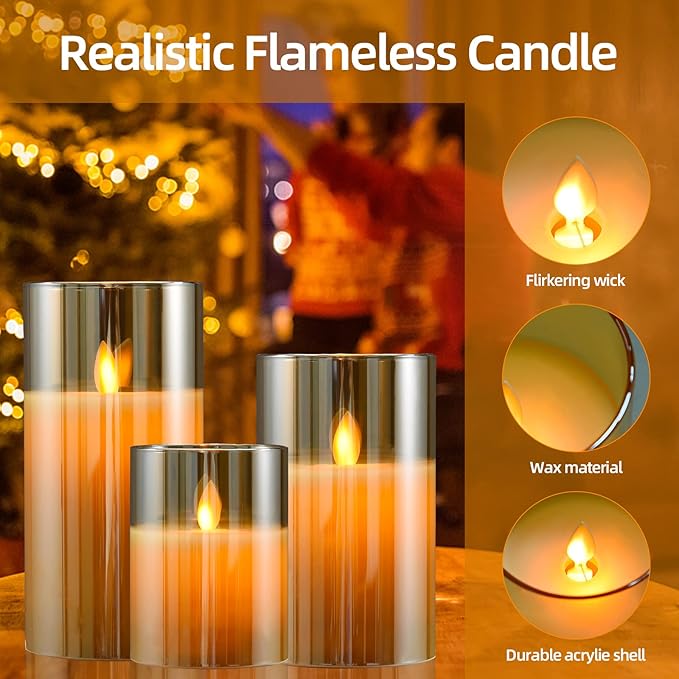 JOSU Flameless Candles 4" 5" 6" Set of 3 Outdoor Indoor Fake Pillars Gold Glass LED Battery Operated Candles Include 10-Key Remote Timer for Wedding Party Halloween Christmas Thanksgiving Fall Diwali-VerdiqueGarden