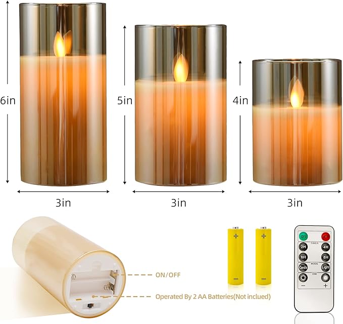 JOSU Flameless Candles 4" 5" 6" Set of 3 Outdoor Indoor Fake Pillars Gold Glass LED Battery Operated Candles Include 10-Key Remote Timer for Wedding Party Halloween Christmas Thanksgiving Fall Diwali-VerdiqueGarden