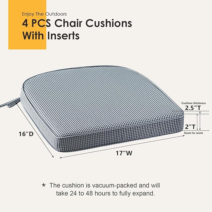 Outdoor Round Corner Seat Cushion, 17"x16"x2", Set of 4, Non Slip Seat Cushion Pads with Removable Cover for Patio Furniture, Garden Yard Lawn, Black White Mini Check-VerdiqueGarden