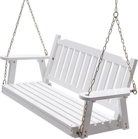 Anraja Wooden Porch Swing 2-Seater, Bench Swing with Hanging Chains, Heavy Duty 800 LBS, for Outdoor Patio Garden Yard, 4 Ft, White-VerdiqueGarden