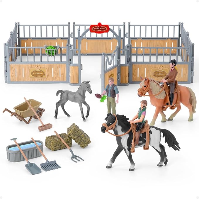 Horse Stable Playset, Horse Gifts for Girls and Boys with 3 Horses and 2 Riders, Horse Toys Set Farm Animals Toys for Kids 3 4 5 6 7 8+ (Horse Playset 1)-VerdiqueGarden