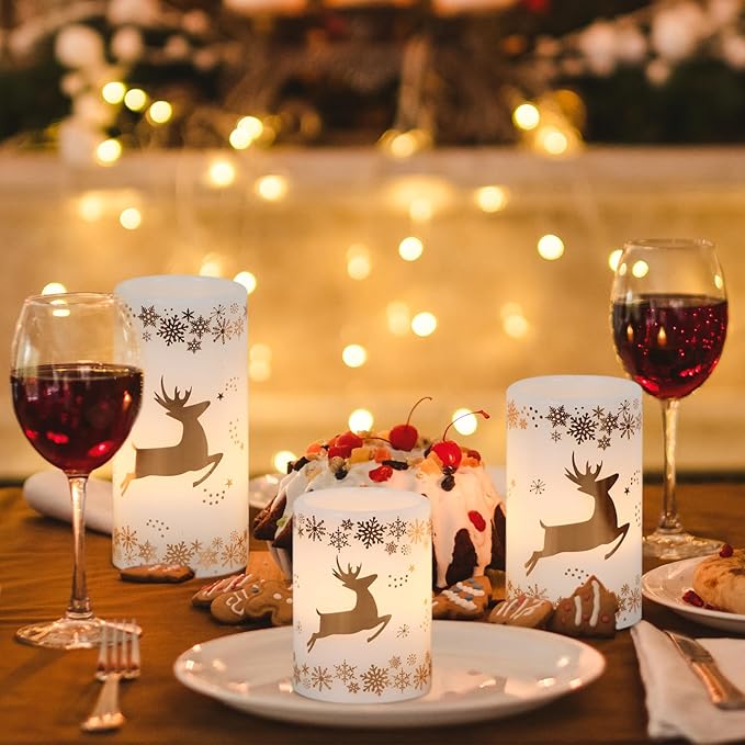 KunSween Christmas Flameless Candles with 6H Timer, 3 Pack LED Flickering Candles with Gold Deer Decals and Real Wax, Christmas Winter Decorations for Home Indoor Table Centerpieces-VerdiqueGarden