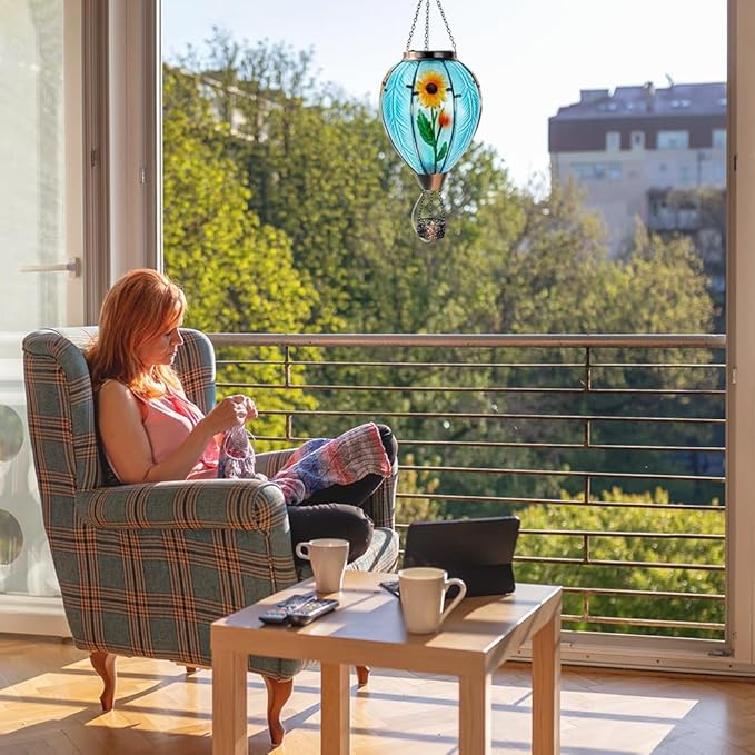 Starsoul Large Solar Hot Air Balloon Lantern with Flame Sunflower Glass Hanging Outdoor Hot Air Balloon Solar Light Waterproof Garden Patio Yard Party Decorations-VerdiqueGarden