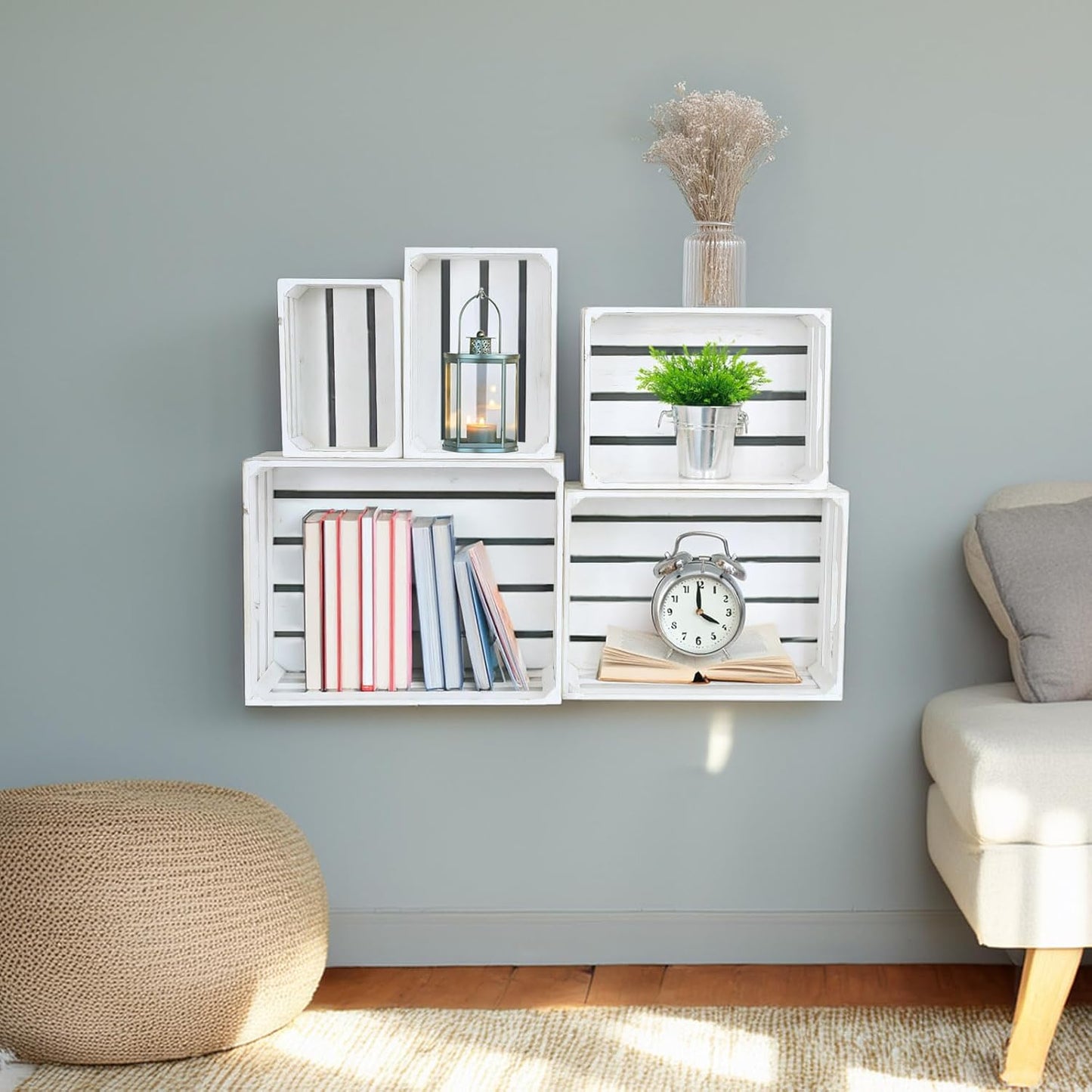 5-Piece Farmhouse Wooden Crate Set - Rustic Wooden Crates for Display and Storage, Large Whitewashed Decorative Crates, Farmhouse Apple Crates, Painted Wood Crates for Decor-VerdiqueGarden