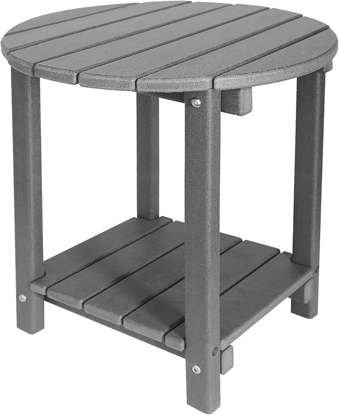 Adirondack Round Outdoor Side Table 2-Tier Storage Patio Side Table, HDPE End Tables for Backyard Pool Porch Garden Lawn (Grey)-VerdiqueGarden