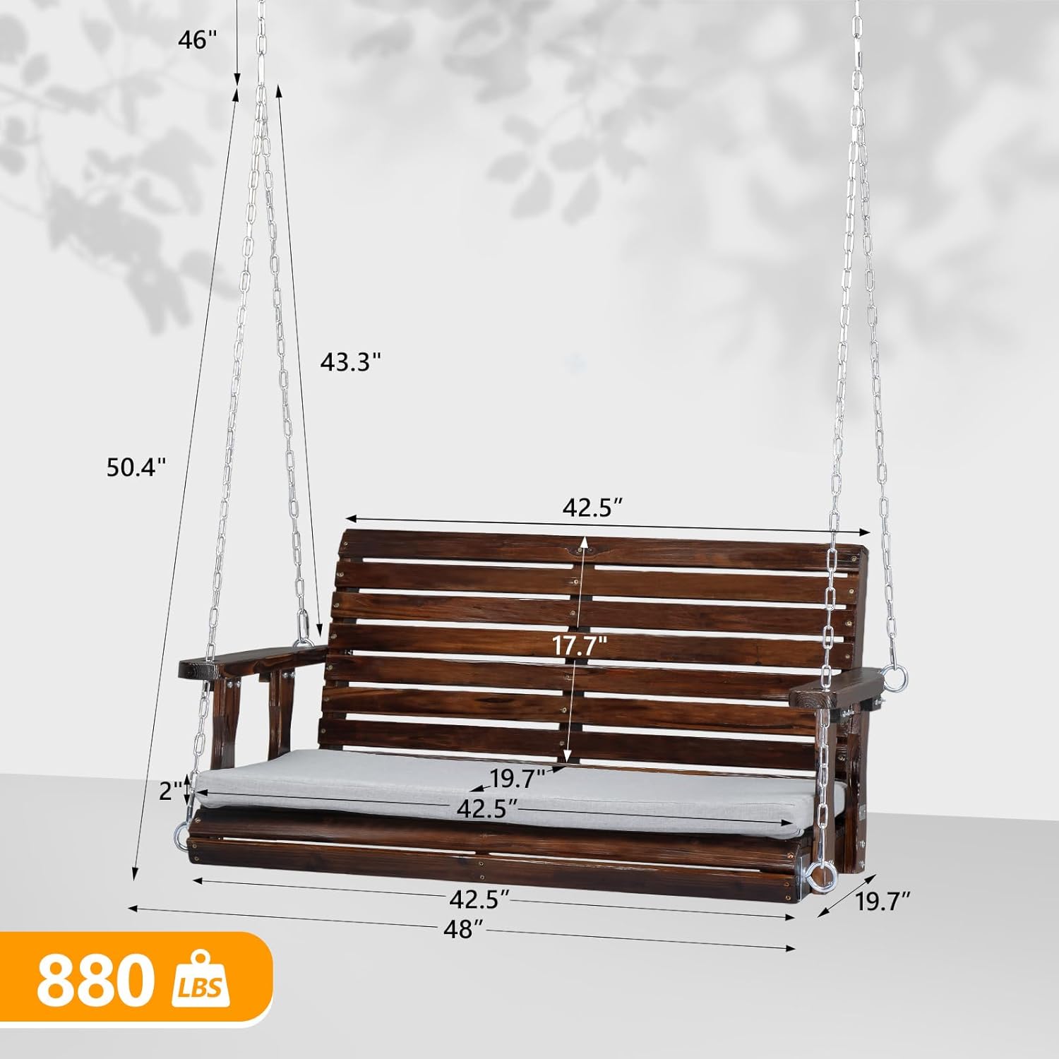VINGLI Outdoor 4 FT Porch Swing, Heavy Duty 880 LBS Wooden Patio Swings with Cushions, Farmhouse Style Hanging Bench with Adjustable Chains for Yard | Garden | Lawn | Balcony, Rustic-VerdiqueGarden