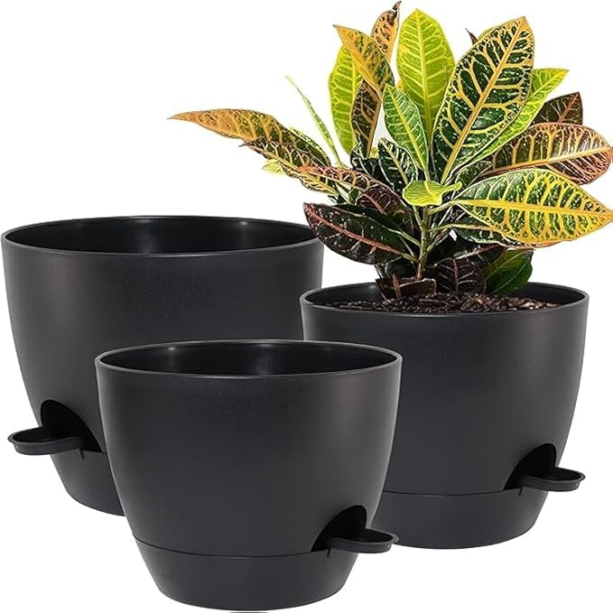 10/9/8 inch Self Watering Pots, Set of 3 Plastic Planters with Mesh Drainage Holes and Deep Reservoir for Indoor Outdoor Garden Plants and Flowers, Black-VerdiqueGarden