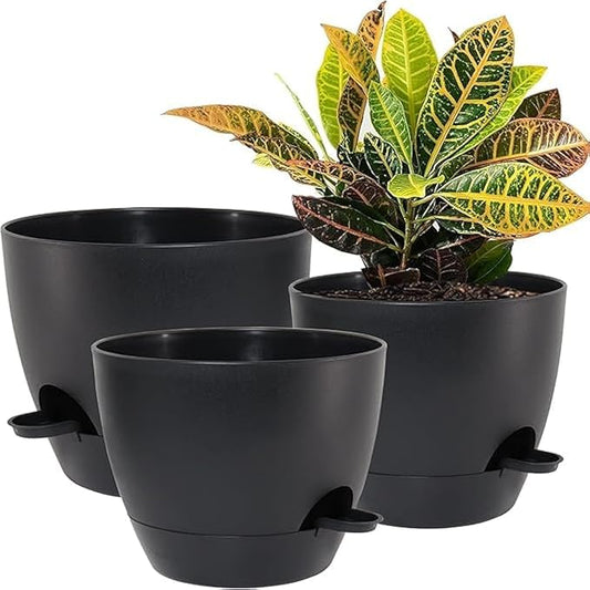 10/9/8 inch Self Watering Pots, Set of 3 Plastic Planters with Mesh Drainage Holes and Deep Reservoir for Indoor Outdoor Garden Plants and Flowers, Black-VerdiqueGarden