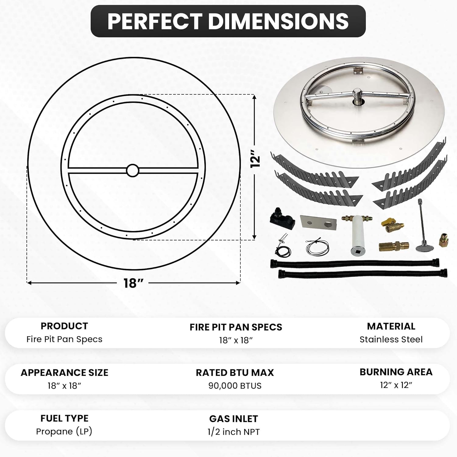 Stainless Steel Fire Pit Burner Pan & Ring Pro Kit for Liquid Propane, 18-Inch Pan, 12-Inch Ring, 90,000 BTU Max-VerdiqueGarden