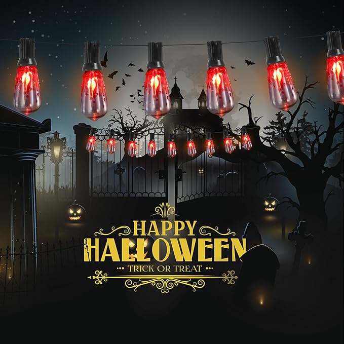 10FT Halloween String Lights Outdoor with 11 ST40 Flame Bulbs (1 Spare), Plug in Halloween Flaming Blood Drop Light Strings UL Listed for Patio, Backyard, Halloween, Party Decoration, E17 Base-VerdiqueGarden