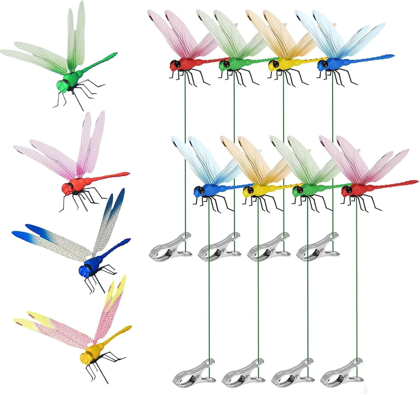 8pcs Dragonfly Hat Clip Realistic Fake Dragonflies Clip-On Garden Outdoor Decor Stakes Plastic Dragon Fly Clips Plant Decorations for Pots-VerdiqueGarden