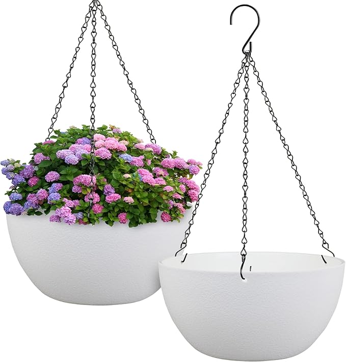 12 inch Large Hanging Planters for Indoor Outdoor Plants, 2 Pack Hanging Flower Pots with Drainage Holes and Chain for Garden Porch, Plastic Hanging Baskets for House Plants, White-VerdiqueGarden