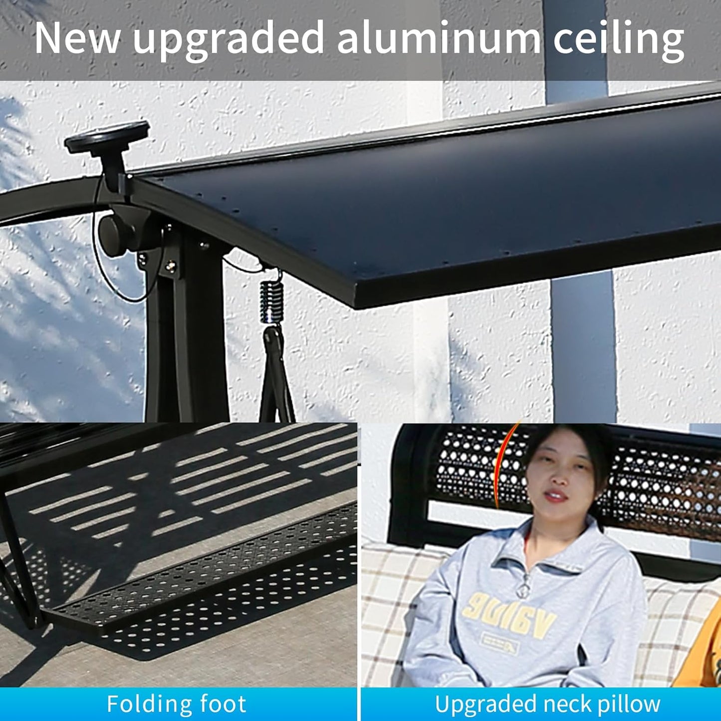 2/3-Seat Outdoor Patio Porch Swing with Adjustable Aluminum Alloy Canopy Solar Patio Swing Chair Bench with Footrest Side Cup Holder for Backyard Lawn (Himalaya-3 Seat)-VerdiqueGarden