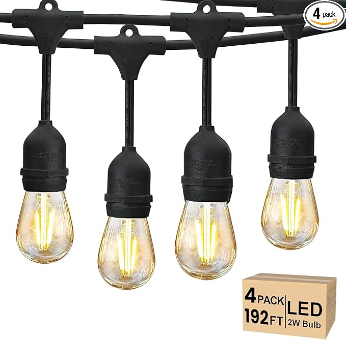 Svater 192 FT Outdoor String Lights 2W, Patio Light for Outside with 64 Antique S14 Plastic LED Bulbs, IP65 Waterproof Hanging Cafe Market Lighting, ETL-Listed Dimmable Warm White (48 FT x 4)-VerdiqueGarden