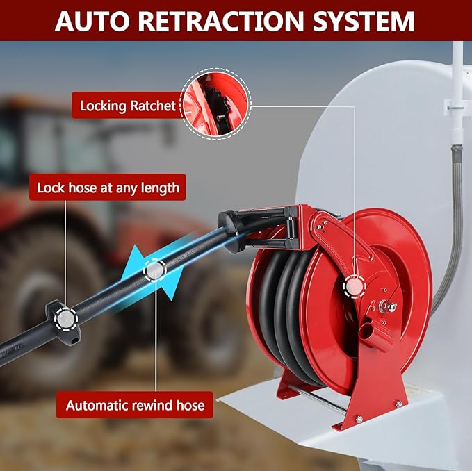 Fuel Hose Reel with Fueling Nozzle, 1" x 33FT Retractable Diesel Hose Reel, 300 PSI Industrial Heavy Duty Auto Swivel Rewind Hose Holder Reels, for Vehicle Tank Truck Trailer Ship-VerdiqueGarden