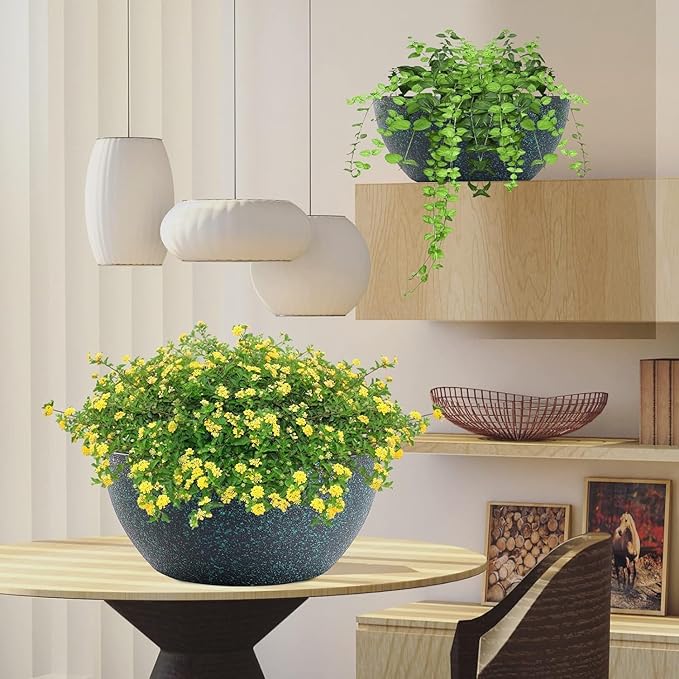 10inch Hanging Planters for Outdoor Indoor Plants with Drainage Holes and Chain, 2 Pack Round Hanging Flower Pots for Garden Home Porch Decor, Black with Green Speckles-VerdiqueGarden