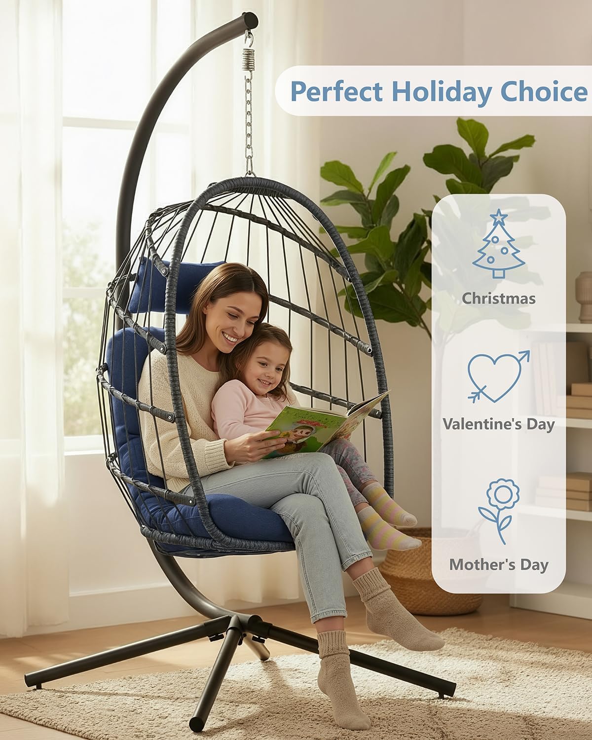 SWITTE Egg Chair Outdoor with Stand, Indoor Wicker Hanging Egg Swing Chair with Cushion, 350lbs Capacity for Patio, Bedroom, Garden - Dark Blue-VerdiqueGarden