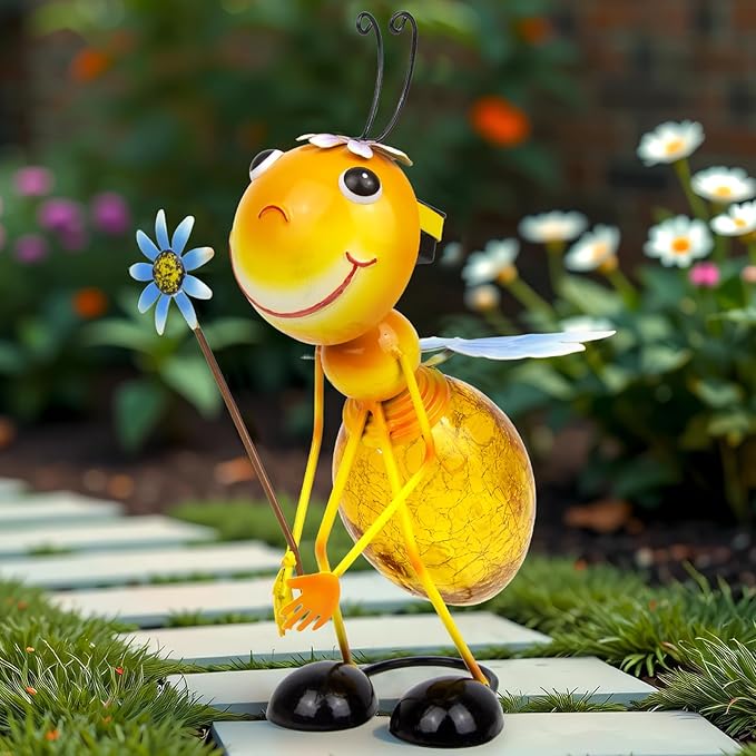 Solar Garden Statue Bee Decor,Outdoor Decorative Tabletop Lanterns,Outdoor Bee Figurines Decorations for Patio Yard Lawn Ornaments,Birthday Gifts for Mom Women Grandma-VerdiqueGarden