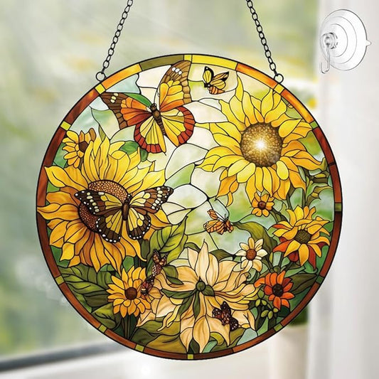 Sunflower Decor Suncatcher Stained Glass Window Hanging - Butterfly Stained Glass Suncatchers for Windows - Sun Catchers Indoor Window with Chain and Hook - Sunflower Gifts for Women Mom Teacher Gift-VerdiqueGarden