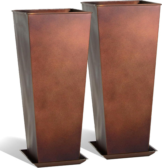 KOL 28''H. Tall Metal Planter with Insert, Set of 2, Galvanized Steel Planter Pots for Indoor & Outdoor Use, Decorative Flower Plant Pots for Front Porch, Patio, Deck - Rust Color-VerdiqueGarden