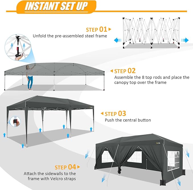 HOTEEL 10x20 Pop up Canopy with 6 Sidewalls, One Push Instant Setup Outdoor Canopy Tent with Reinforce Rod, Weight Bag, for Parties, Events, Gray-VerdiqueGarden