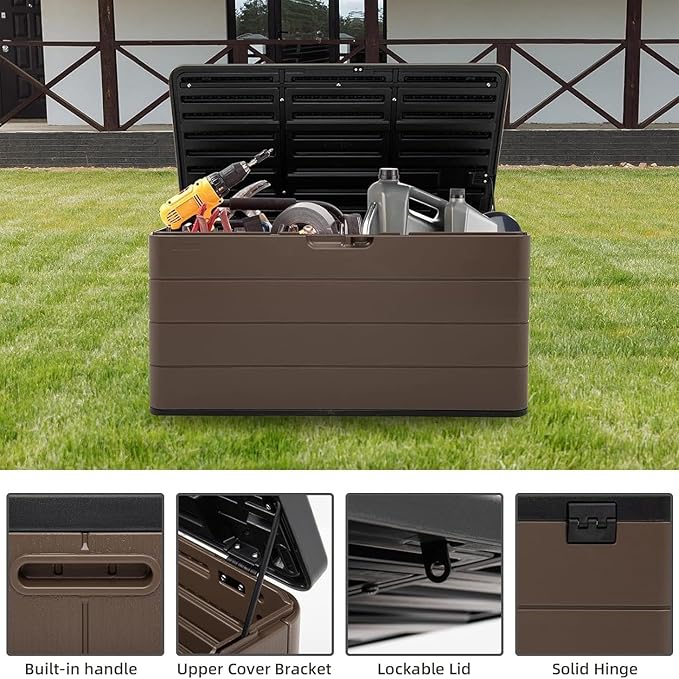 100 Gallon Plus Resin Deck Box, Waterproof Outdoor Storage Bin for Patio Furniture, Pool Accessories, and Garden Tools, Lockable & UV-Resistant, Brown-VerdiqueGarden