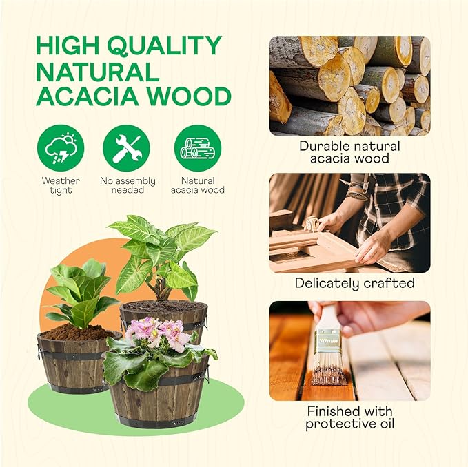 IDZO Set of 3 Wooden Flower Planters for Outdoor Plants, Acacia Wood Barrel Planters, Ergonomic Handles, Drainage Holes, Various Sizes, Walnut-VerdiqueGarden