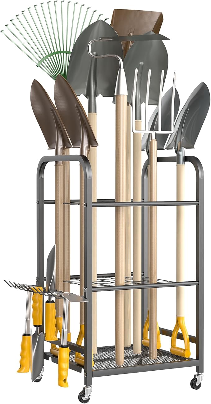 Ultrawall Garden Tool Organizer Stand, Yard Tool Storage Rack with Lockable Wheels, Garage Tool Storage for Rake, Brooms, Indoor & Outdoor Use-VerdiqueGarden