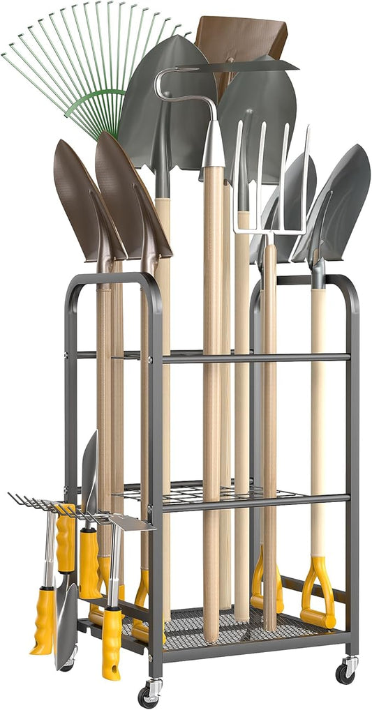 Ultrawall Garden Tool Organizer Stand, Yard Tool Storage Rack with Lockable Wheels, Garage Tool Storage for Rake, Brooms, Indoor & Outdoor Use-VerdiqueGarden
