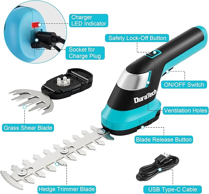 DURATECH Cordless Hedge Trimmer, 7.2V 2-in-1 Handheld Rechargeable Grass Trimmer & Hedge Shears with USB Type-C Cable, Built-in Li-ion Battery, Electric Shrub & Grass Shears for Garden, Yard and Lawn-VerdiqueGarden