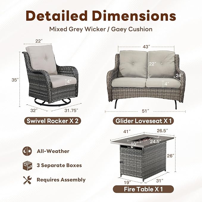 4 Piece Patio Furniture Set with Fire Pit Table - 41inch 50000 BTU Propane Fire Pit Table with High Back Loveseat Glider Chair and 2 Swivel Rocker Chair for Casual Gathering-VerdiqueGarden