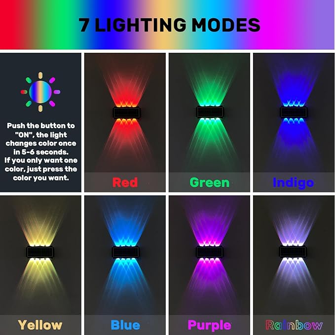 8LED Multi-Color Solar Wall Lights, Up and Down Lighting Solar Outdoor Light Waterproof IP65, Solar Fence Light for Yard Deck Garden Garage Walkway Porch Christmas Decorations (4 Pack)-VerdiqueGarden