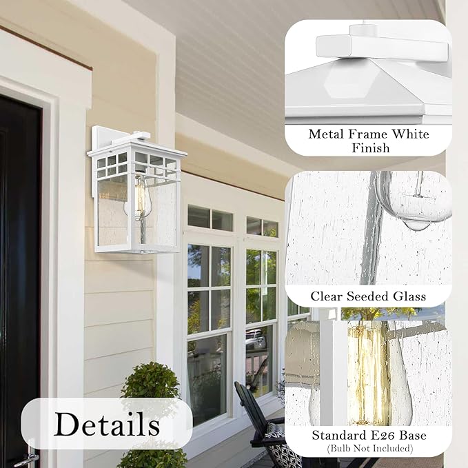 Outdoor Light Fixture Wall Mount, Rustic Exterior Lights Fixture Wall Sconces with Seeded Glass for Front Porch, Waterproof Outdoor Lantern in White Finish for Home, Garage, Barn, Storefront-VerdiqueGarden