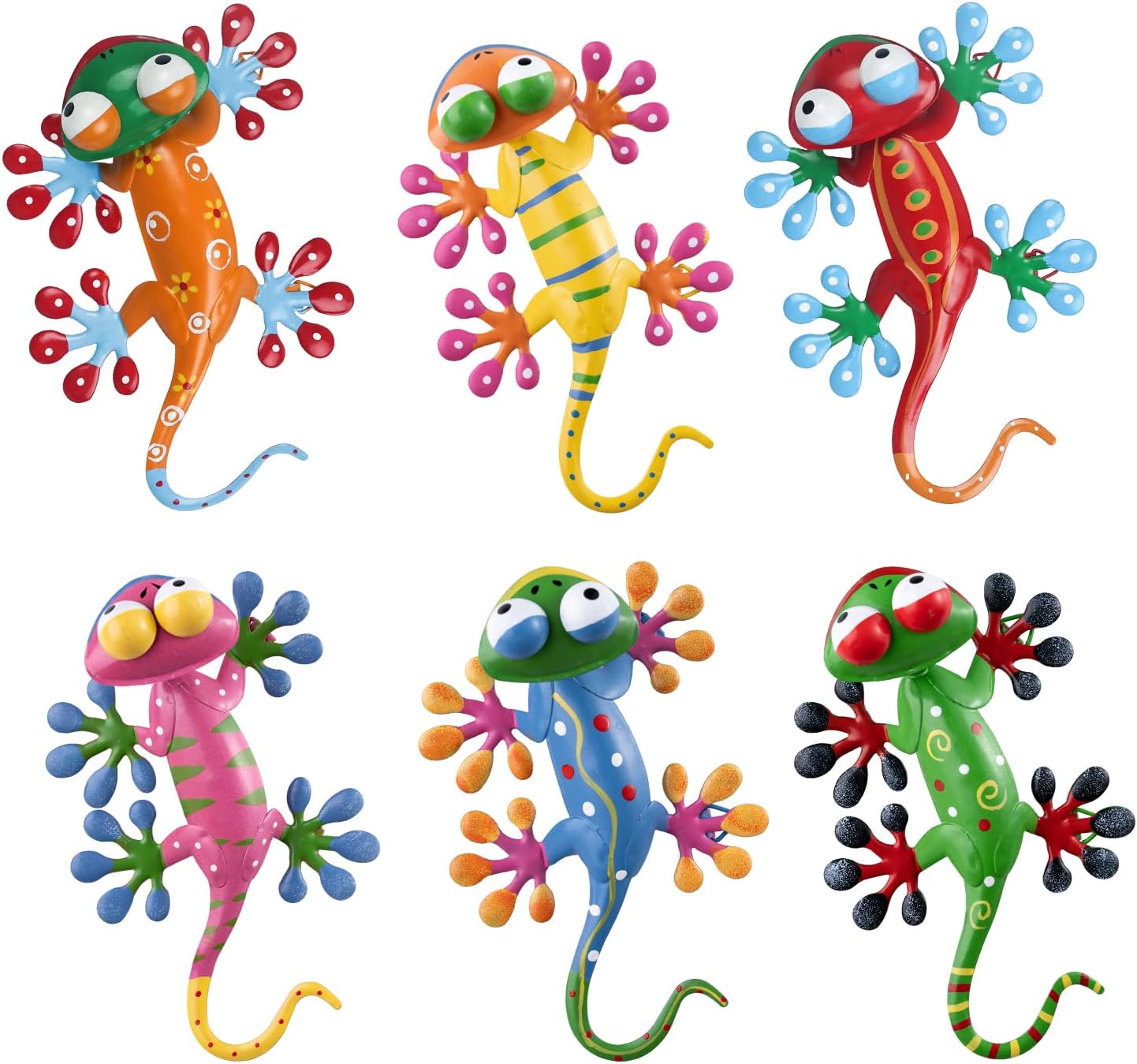 hogardeck Metal Gecko Outdoor Wall Decor, 6 Pack Lizard Wall Art Garden Sculptures & Statues with Free-adjustable Head Outdoor Spring Decor for Front Yard Fence Patio-VerdiqueGarden