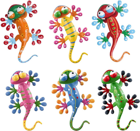 hogardeck Metal Gecko Outdoor Wall Decor, 6 Pack Lizard Wall Art Garden Sculptures & Statues with Free-adjustable Head Outdoor Spring Decor for Front Yard Fence Patio-VerdiqueGarden