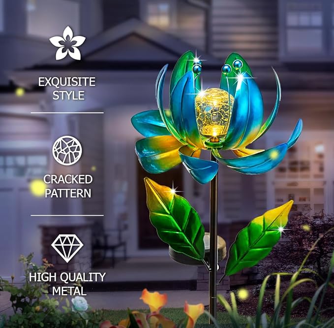 Solar Yard Lights Wind Spinners- Metal Lotus Flower Garden Decor LED Crackle Glass Globe Yard Art Sculpture Solar Stake Lights for Patio Pathway Lawn Walkway-VerdiqueGarden